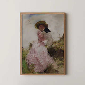 Vintage painting of a couple embracing in a natural setting, featuring a woman in a pink dress and a man in a sailor outfit, framed in wood.
