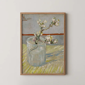 Painting of a branch with white flowers in a glass vase, framed in wood, featuring muted colors and soft brush strokes.