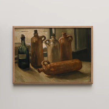 Vincent van Gogh painting titled Stillleben mit fünf Flaschen, five stoneware bottles in muted browns and greens on a wooden table.