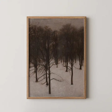Framed painting of leafless trees in a snowy landscape, showcasing a muted color palette.