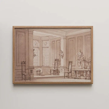 Vintage-style painting of an elegant interior featuring a table, chairs, and floral arrangements in a softly lit room.