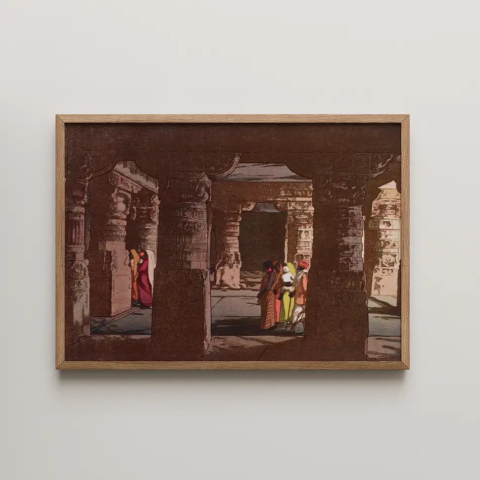 A framed painting depicting figures in traditional attire navigating ancient stone pillars in a dimly lit temple interior.