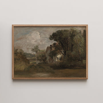 John Constable landscape painting titled Willy Lott's House, showing a timber cottage among dense trees beside a still pond with two figures near its door.