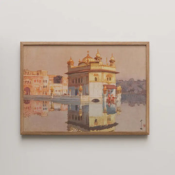 Painting of the Golden Temple reflecting in water, framed in natural wood.