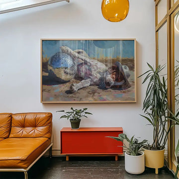 Modern reprint of a famous painting featuring a dog resting beside a disco ball, displayed in a stylish living room with contemporary furniture and plants.