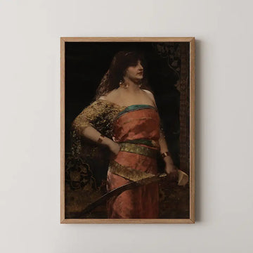 Portrait of a woman in an elegant dress holding a sword, framed in wood, against a dark background.