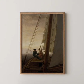 Caspar David Friedrich genre painting titled On the Sailing Boat, a man and woman seated at the bow of a boat beneath billowing sails at dusk.