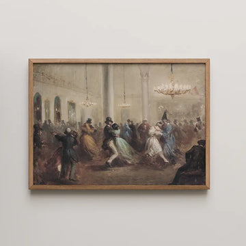 Painting of a lively ballroom scene with elegantly dressed couples dancing under chandeliers, framed in natural wood.