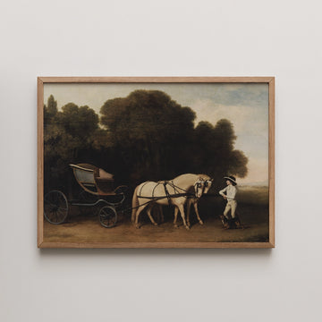 Painting of a man guiding two horses harnessed to a carriage in a landscape setting.