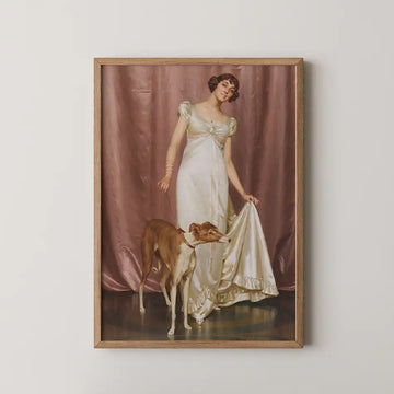 A vintage-style painting of a woman in a flowing white gown holding a dog on a leash, set against a soft pink backdrop.