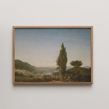 Caspar David Friedrich landscape painting titled The Summer, tall cypress trees overlooking a wide sunlit river valley.