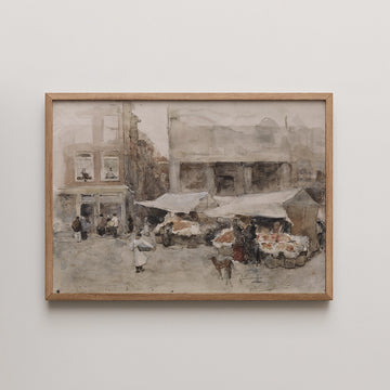 Floris Arntzenius watercolor titled Markt Met Bloemenstalletje, showing a town market with canvas awning stalls, shoppers and a small dog under a hazy sky.