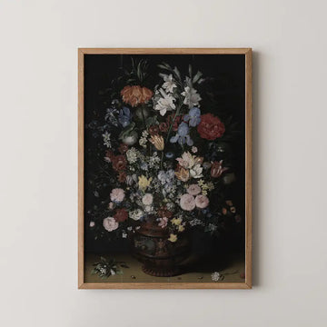 Flower vase painting in a wooden frame against a dark background.