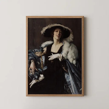 George Washington Lambert portrait painting titled The White Glove, a smiling woman in a feathered hat and fur stole drawing on a white glove.