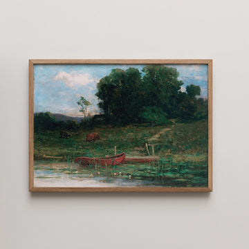 Edward Mitchell Bannister landscape painting titled The Farm Landing, showing a red rowboat moored among lily pads with grazing cattle and dense green trees behind.