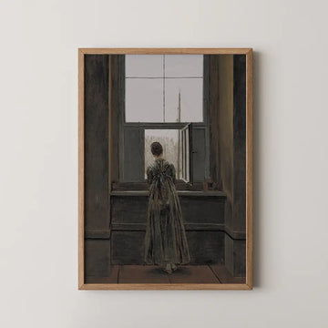 David Friedrich genre painting titled Frau am Fenster, a woman seen from behind looking out an open window toward a distant ship's mast.