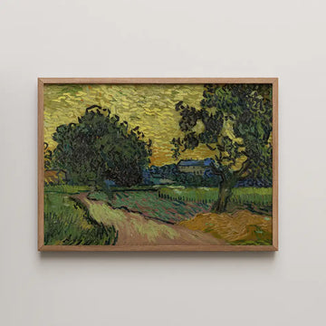 Vincent van Gogh painting titled Landscape at twilight, a winding country path between dark trees and fields under a swirling yellow green sky.