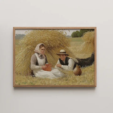 A vintage painting of a man and woman sitting in a field beside haystacks, with the woman holding a pot and the man leaning on his elbow, featuring a serene rural landscape.