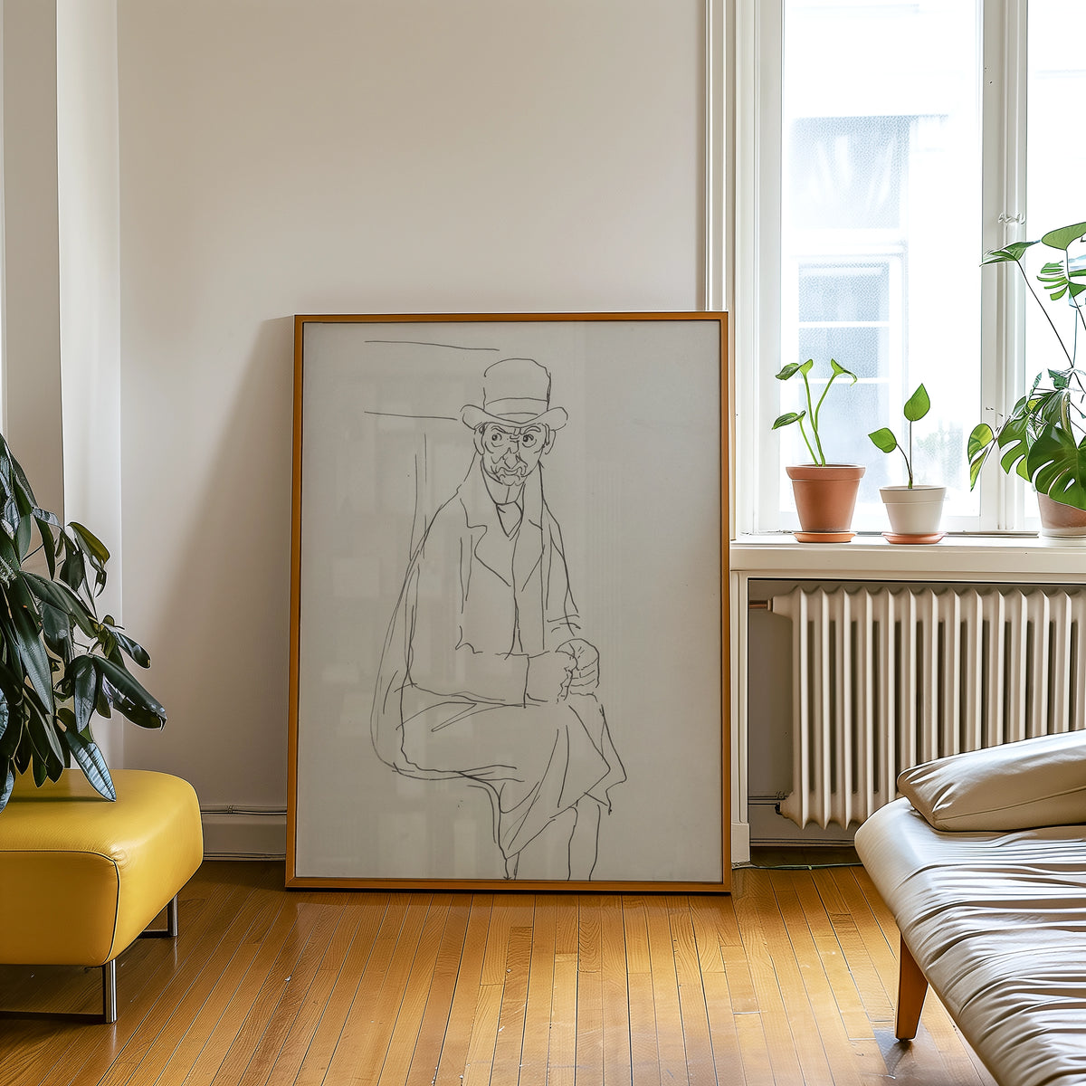 Framed sketch of a man wearing a hat, seated in a cozy, modern living room with plants and contemporary furniture.
