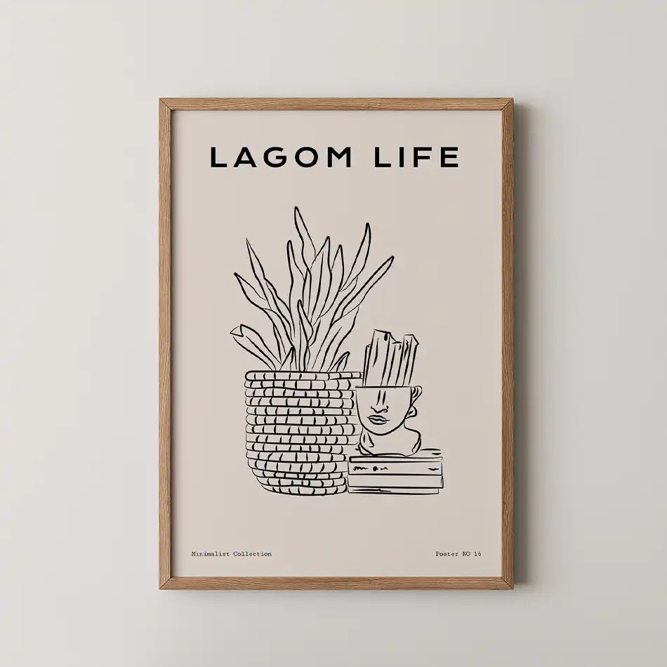 Chic minimalist art print of a cozy shelf featuring a stylish potted plant and a whimsical ceramic face, black line design on a soft neutral background from the Line Art Collection, perfect for modern home decor"