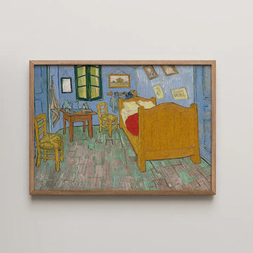 Vincent van Gogh painting titled The Bedroom (1888), a sparse blue walled bedroom with a wooden bed, two rush seated chairs and a washstand.