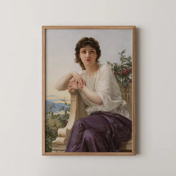 Framed painting of a young woman in a flowing white blouse and purple skirt, seated on a stone bench with greenery and a landscape backdrop.