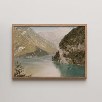 Frederic Edwin Church landscape painting titled Konigssee, Bavaria, showing a turquoise alpine lake between steep forested cliffs with a small rowing boat.