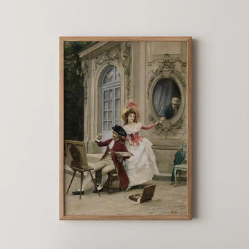 A vintage-style painting depicting an artist in a red coat painting a woman in a white dress with a pink hat, while a man looks through a window, framed in a wooden frame.