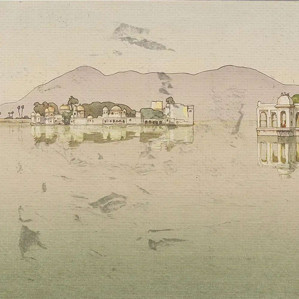 Illustration of a serene lakeside landscape featuring traditional architecture and mountains in the background, with soft colors reflecting on the calm water surface.
