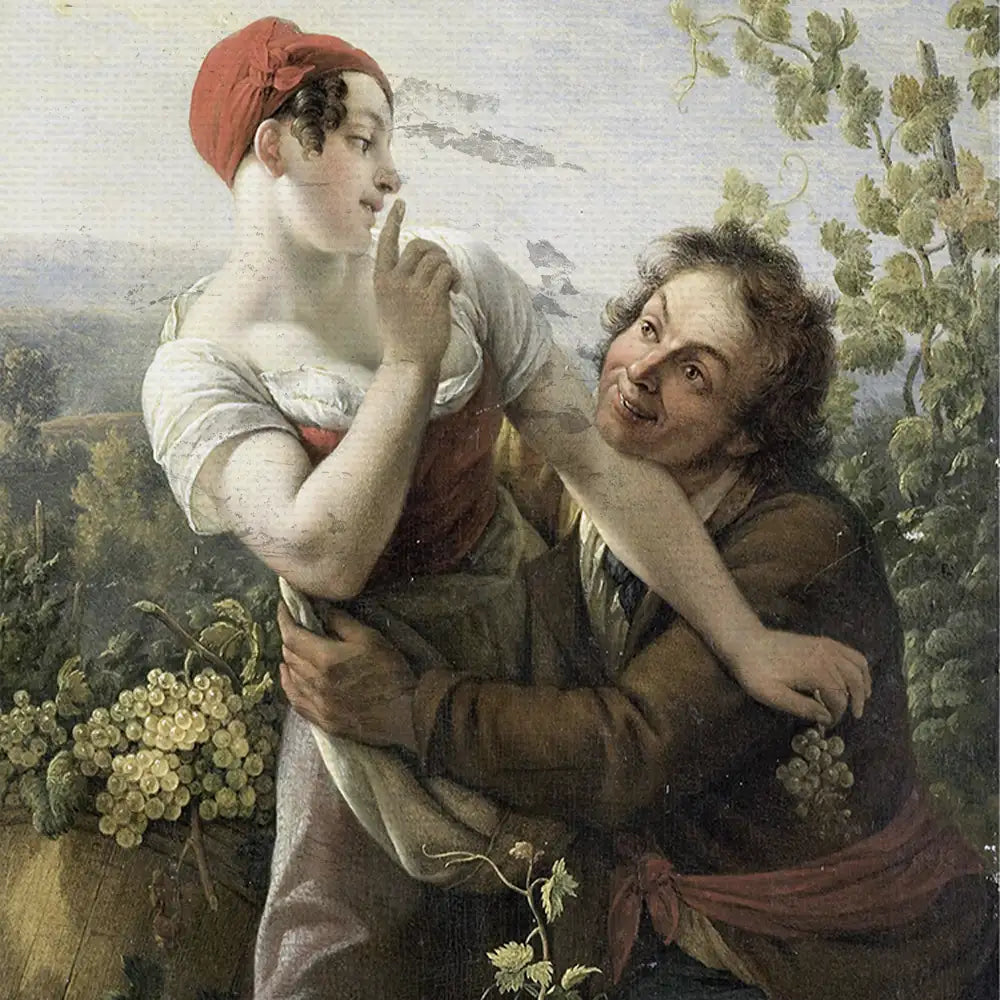 A romantic scene featuring a woman with a finger to her lips and a man playfully leaning towards her, set against a vineyard backdrop with grapevines and baskets of grapes.