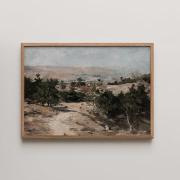 Emile Friant landscape painting titled Plateau de Malzeville, showing pine trees on a sandy plateau above a hazy valley and distant hills.
