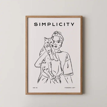 Minimalist black and white line art print of a woman holding a cat, titled "Simplicity," perfect for modern home decor.