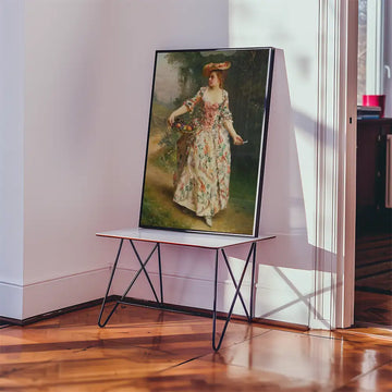 Painting of a woman in a floral dress holding a basket, displayed on a modern table with a stylish interior background.