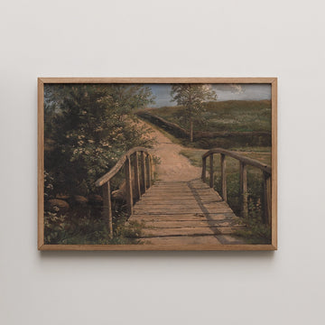 Dankvart Dreyer landscape painting titled Broen Over Kirkegardsaen, a wooden footbridge crossing a stream by flowering shrubs.