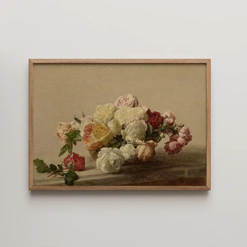 Bouquet of mixed roses in soft pastel colors, framed artwork.