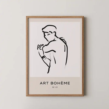 Minimalist line art print titled 'Minimalist Contemplation' from Bohemian Collection featuring a thoughtful figure, elegant black strokes on a clean background, framed with beige accent and typography ART BOHÈME"