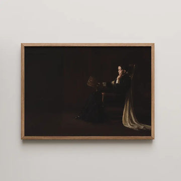 Framed painting of a woman in a dark dress sitting in a chair, holding a fan, with soft lighting and a neutral background.