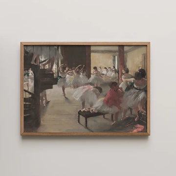 Painting of ballet dancers in a studio, featuring multiple dancers in tutus and a wooden frame.