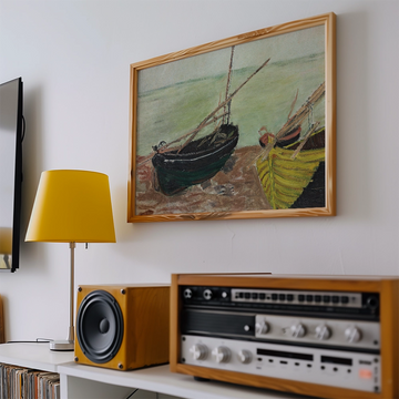 Painting of boats in vibrant colors displayed on a wall, with a yellow lamp and vintage audio equipment nearby.