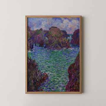 Framed painting of a serene coastal landscape featuring colorful rock formations and a vibrant blue-green sea.