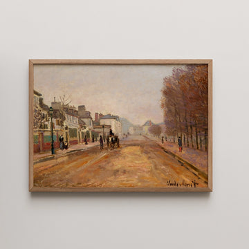 Painting of a street scene with horse-drawn carriages and people walking, framed in light wood.