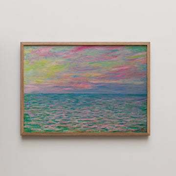 A vibrant painting of a seascape featuring pastel colors of pink, blue, and green, framed in a light wood frame.