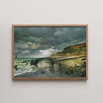 Painting of a coastal scene with dark clouds, waves, and figures on the beach in a wooden frame.