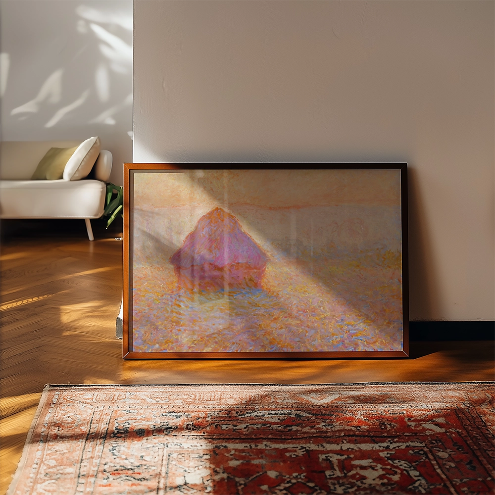 Painting of a haystack in soft pastel colors, framed and leaning against a wall in a modern living space.