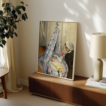 Painting featuring a baby in a cradle with a floral canopy, alongside a seated woman, displayed in a cozy living space.
