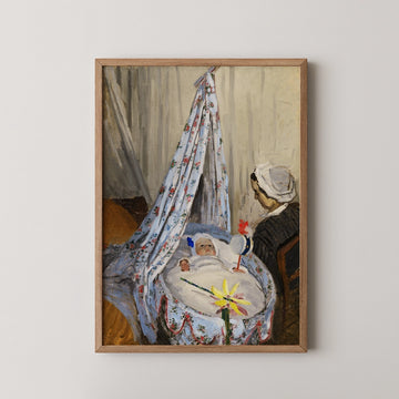 Painting of a mother and baby in a cradle, with a floral blanket canopy and whimsical toys, set in a softly lit interior.