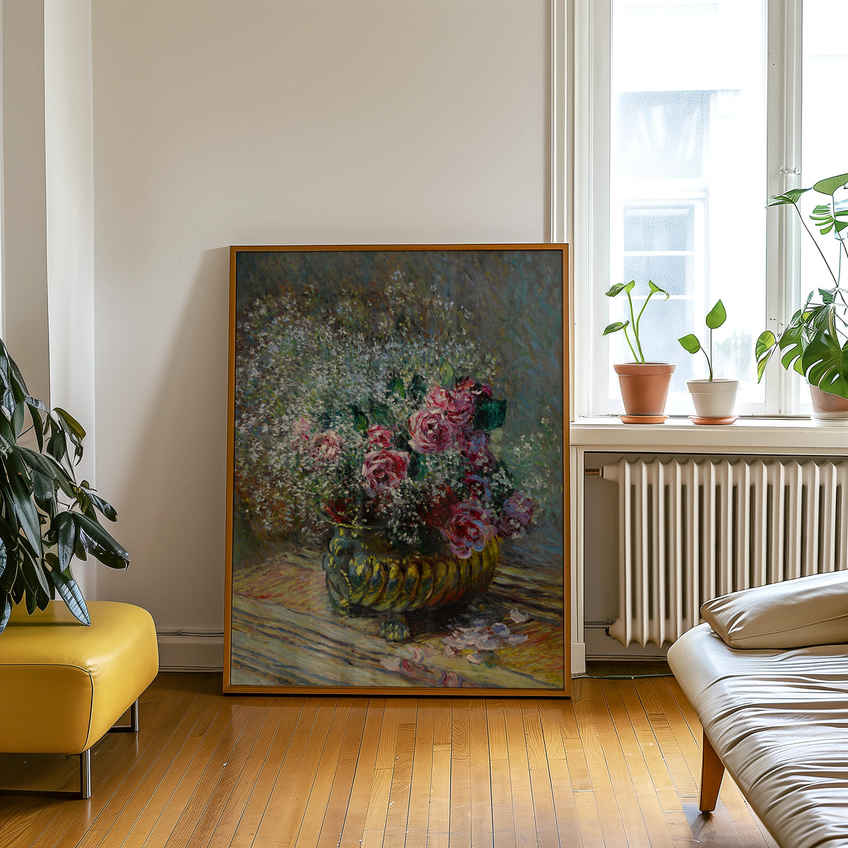 A vibrant painting of roses in a decorative vase, displayed in a modern interior setting with natural light and greenery.