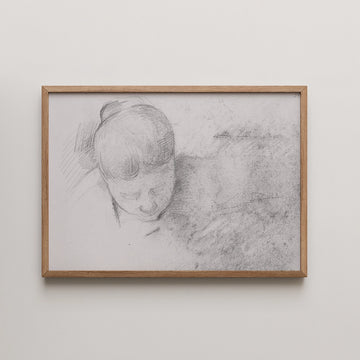Framed sketch of a woman with a bun, gazing downwards, set against a light background.