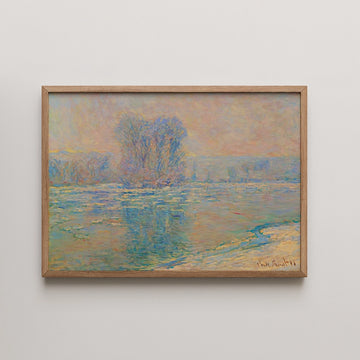 Framed impressionist painting of a serene river landscape with trees and reflections in water.