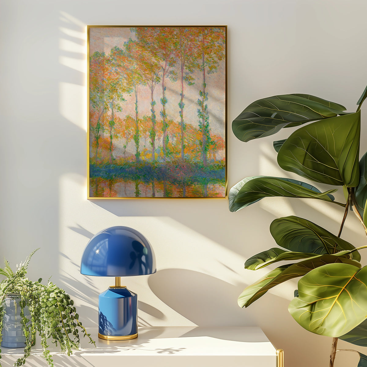 A colorful painting of tall trees with autumn foliage, framed and displayed on a light-colored wall alongside a blue lamp and greenery.